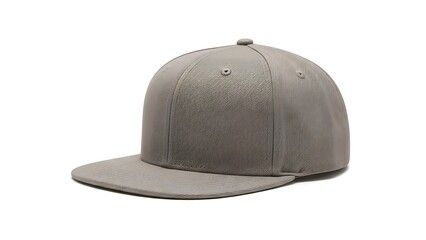 A light grey baseball cap with a short brim and button on top is positioned facing slightly to the left against a white background