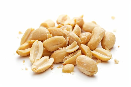 Salted peanuts, some with shells and some peeled, forming a small pile on a white background, ideal for snacking or cooking