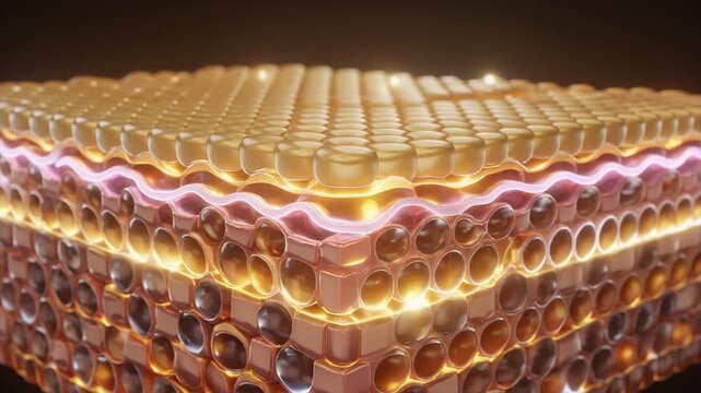 Animated Skin Layers Close Up with Honeycomb Surface Texture Revealing Dermis and Subcutaneous Tissue Structure in