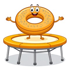Cartoon bagel with facial features bounces joyfully on a small trampoline