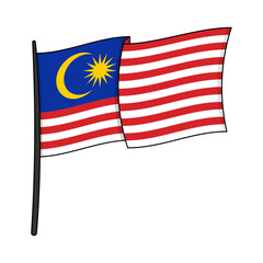 Cartoon Malaysia flag on pole. Waving vector flag design with bold outlines for educational content, Southeast Asian travel blogs, Merdeka Day celebrations, and patriotic stickers