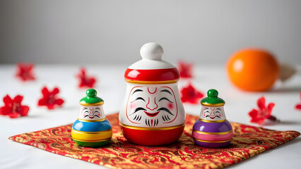 Vibrant russian matryoshka dolls on ornate rug with red flowers and orange object