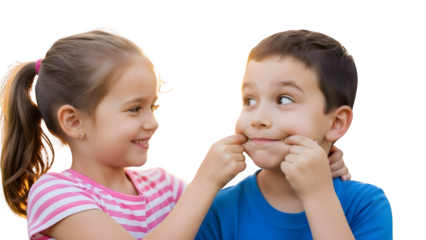 Happy Caucasian Sister Pinching Brother's Cheeks Making Funny Face
