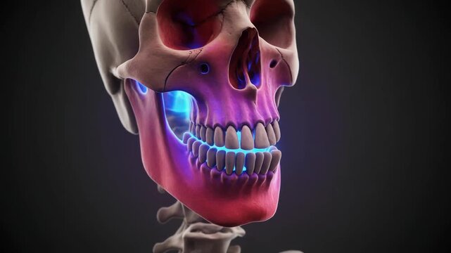 Detailed 3D Animation of a Human Skull Showing the Anatomy of the Jaw Bone Highlighting Medical Education and Research
