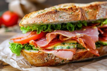Gourmet sandwich presenting ham, lettuce, tomato, cucumber and cheese on a crusty bread, creating a tasty and fulfilling meal