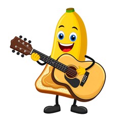 Cartoon banana character atop a slice of bread with peanut butter, playing an acoustic guitar