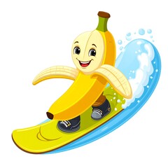 Cartoon banana character surfing on a wave, smiling with shoes, stylized illustration