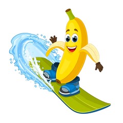 Cartoon banana character surfing on a wave with a snowboard