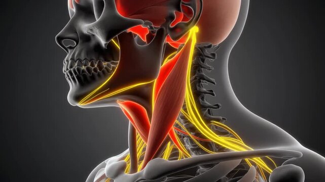 Sternocleidomastoid Muscle Anatomy with Skull and Red Musculature on Black Background for Medical Visualization and