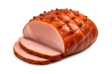 Glazed ham roast with cloves, slicing holiday meal, traditional christmas dinner food, prepared pork meat