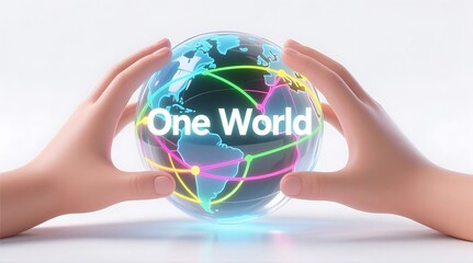 A pair of hands cradling a glowing globe with the words 'One World' on it