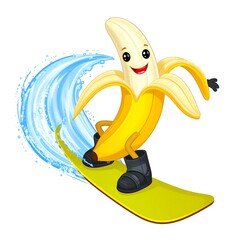 Cartoon banana smiling and surfing a wave