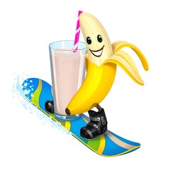 Cartoon banana with happy face, snowboarding next to a smoothie