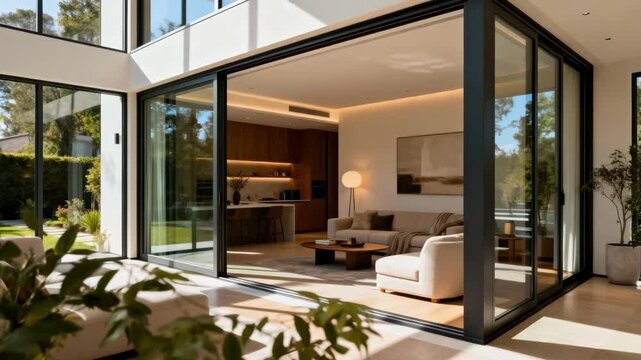 Stylish attached sunroom with panoramic glass panels creating an inviting weatherprotected space adjacent to the home