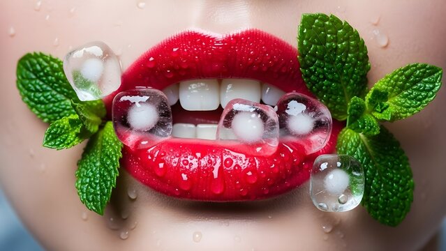 Primer plano de labios rojos con hielo y menta, Labios con gloss rojo y cubo de hielo con hojas de menta, Editorial de belleza con labios jugosos y menta helada
