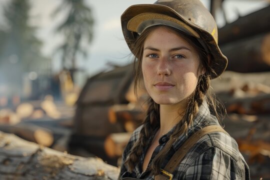 Portrait of logger woman wearing hardhat posing at sawmill with logs and machinery in background