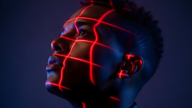 Hombre con rejilla roja proyectada en la cara mirando hacia arriba, Gr�fico para editorial de moda y tecnolog�a, Est�tica cyberpunk con iluminaci�n en piel oscura, esc�ner cuerpo entero