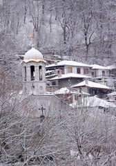 View of snowy church in winter