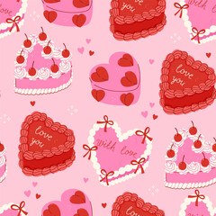 Seamless pattern with heart-shaped cakes. Vector graphics.