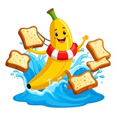Cartoon banana surfing in blue water with toast slices