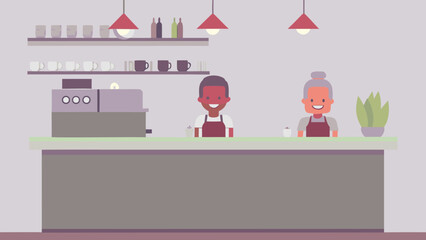 Smiling barista preparing coffee at a counter with a coworker in a modern coffee shop interior