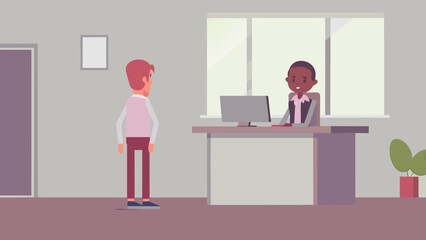 Business consultant advising client in modern office setting with computer and plant