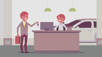 Car rental agency employee handing keys to customer at counter with computer and car