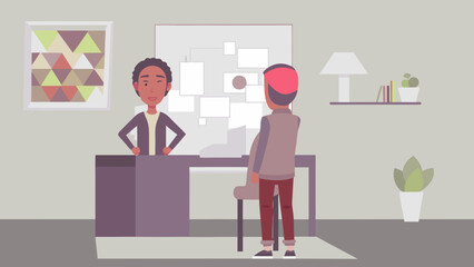 Flat design colleagues discussing project ideas in modern office space with creative decor