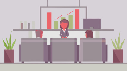 Financial advisor woman presenting data to two clients in modern office setting with graph