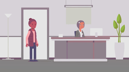 Medical clinic front desk staff assisting patient in modern office setting with computer