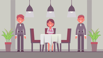 Smiling restaurant hostess guiding customers to table with white tablecloth and chairs