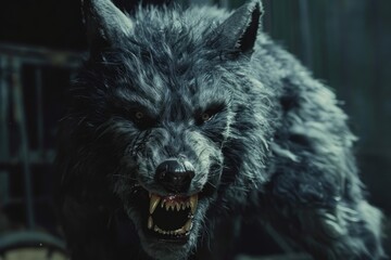 Close up of a growling werewolf with sharp teeth and glowing eyes, creating a menacing atmosphere
