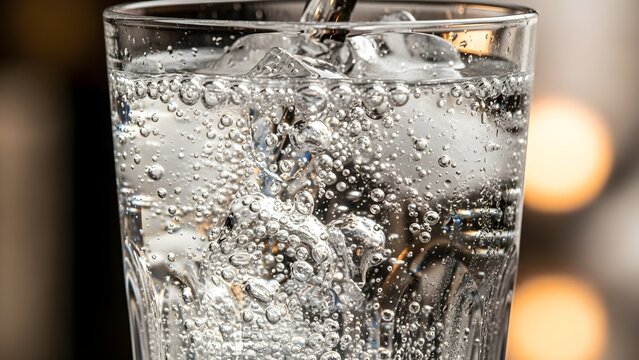 Copa de bal�n con agua con gas, hielo y muchas burbujas, Primer plano de Gin Tonic efervescente sobre fondo negro, Textura de bebida carbonatada transparente en copa de cristal