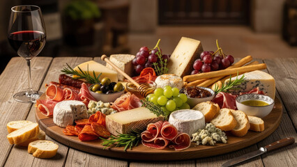 A charcuterie board with cheeses, meats, bread, olives, grapes and glass of red wine in a cozy cellar setting.