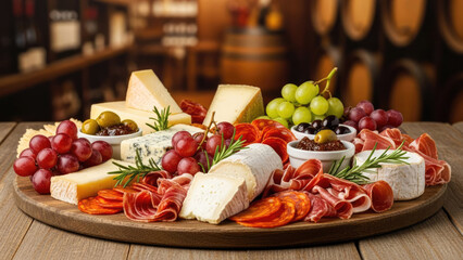 A charcuterie board with assorted cheeses, cured meats, fresh fruits, bread, honey and olives displayed on a rustic wooden surface. Perfect for wine pairings gourmet snack.