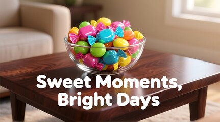 A glass bowl filled with colorful candies sits on a dark wooden coffee table in a cozy living room with a beige couch and a window in the background.