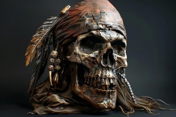 Weathered skull, adorned with bandana, feathers, and beads, evokes swashbuckling adventure and the mystique of piracy