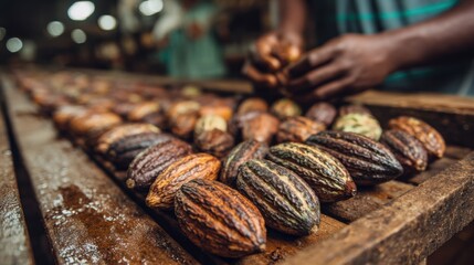 Medium shot of cocoa pods being inspected in a warehouse emphasizing blockchain technology ensuring ethical sourcing and traceability from farm to market.