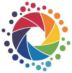 Creative photography logo concept with colorful aperture shape encircled by dots