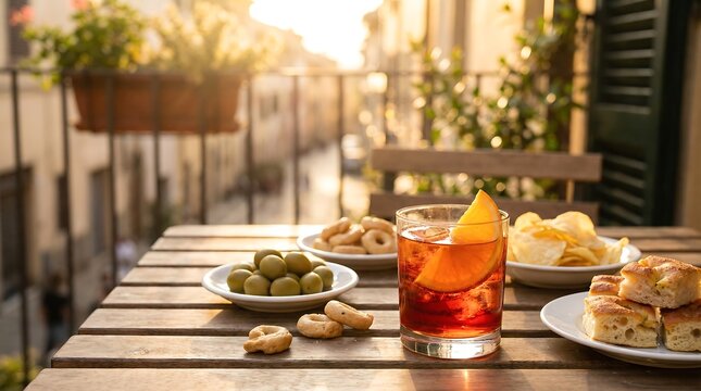 Aperitif with drink, snack, and appetizer on wooden table at sunset. Italian urban street view from balcony. Foodie culture and happy summer concept for holiday travel.