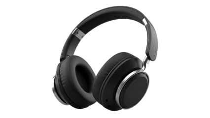 High-quality realistic 3D product render of premium black over-ear wireless Bluetooth headphones isolated on a dark studio background. Soft leather-style ear cushions, adjustable metallic headband fra