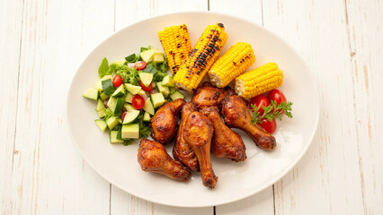 Roasted Chicken Drumsticks with Grilled Corn on the Cob, Fresh Avocado Salad, and Cherry Tomatoes Served on White Plate for Healthy Dinner, Barbecue Meal, and Home Cooking