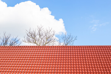 A red metal tile roof against a blue sky with white clouds and bare tree branches.