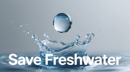 A water droplet splashing into a body of freshwater with the words Save Freshwater superimposed over it