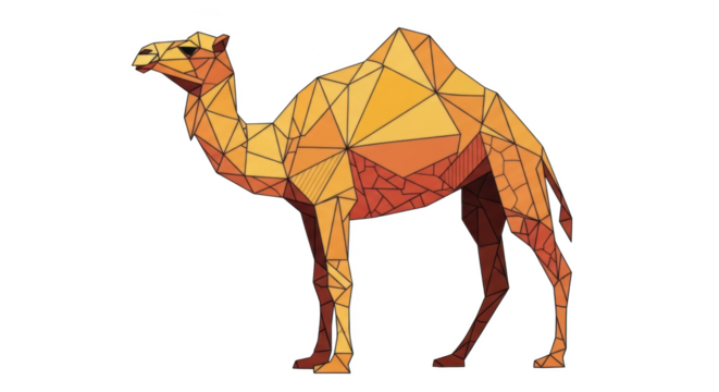 Geometric camel illustration in warm orange and yellow tones on black background animal polygonal - Powered by Adobe