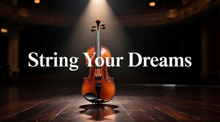 A violin stands alone on a dark stage with a spotlight shining down on it