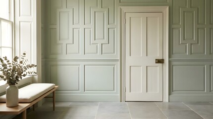 Elegant interior design with white door and decorative wall panels