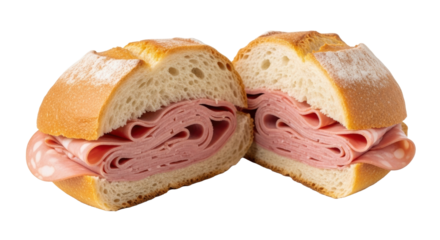 A golden-brown, crusty bread roll, sliced open to reveal vibrant pink mortadella layers, isolated against a bright white background. Concept for gourmet snack advertising