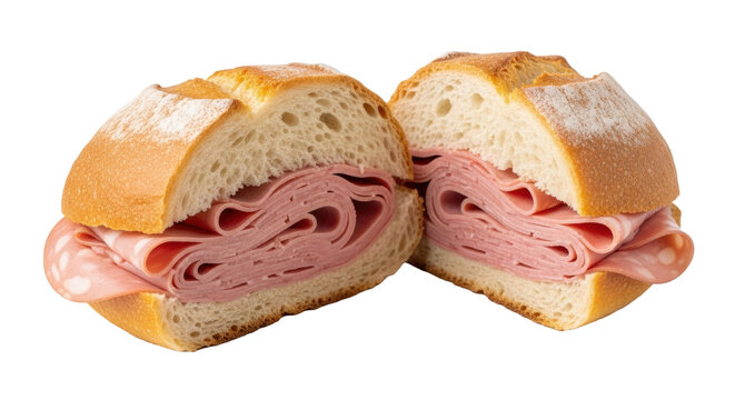A golden-brown, crusty bread roll, sliced open to reveal vibrant pink mortadella layers, isolated against a bright white background. Concept for gourmet snack advertising