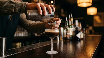 Man bartender pouring espresso martini directly into glass with strainer. Craft cocktail making process in a bar for drink menu.